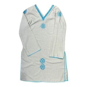 NEW MASHAL Pakistan Cream Linen Tunic Dress Short Turquoise 3/4 Sleeve Womens M